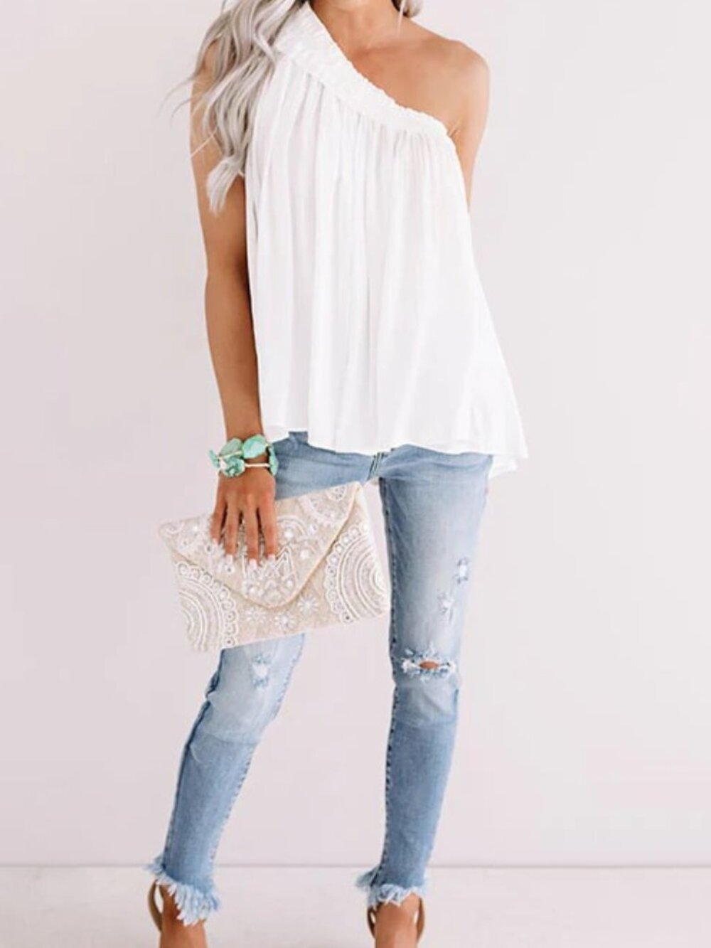 Impressions White Pleated cold Shoulder Top